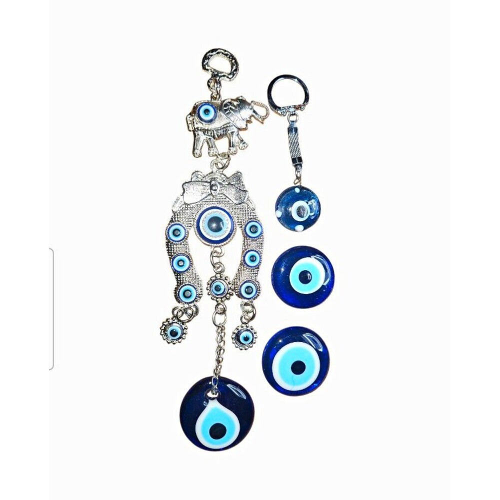 Blue Evil Eye Horseshoe Elephant Metal & Glass Keychain, Detachable Keyring